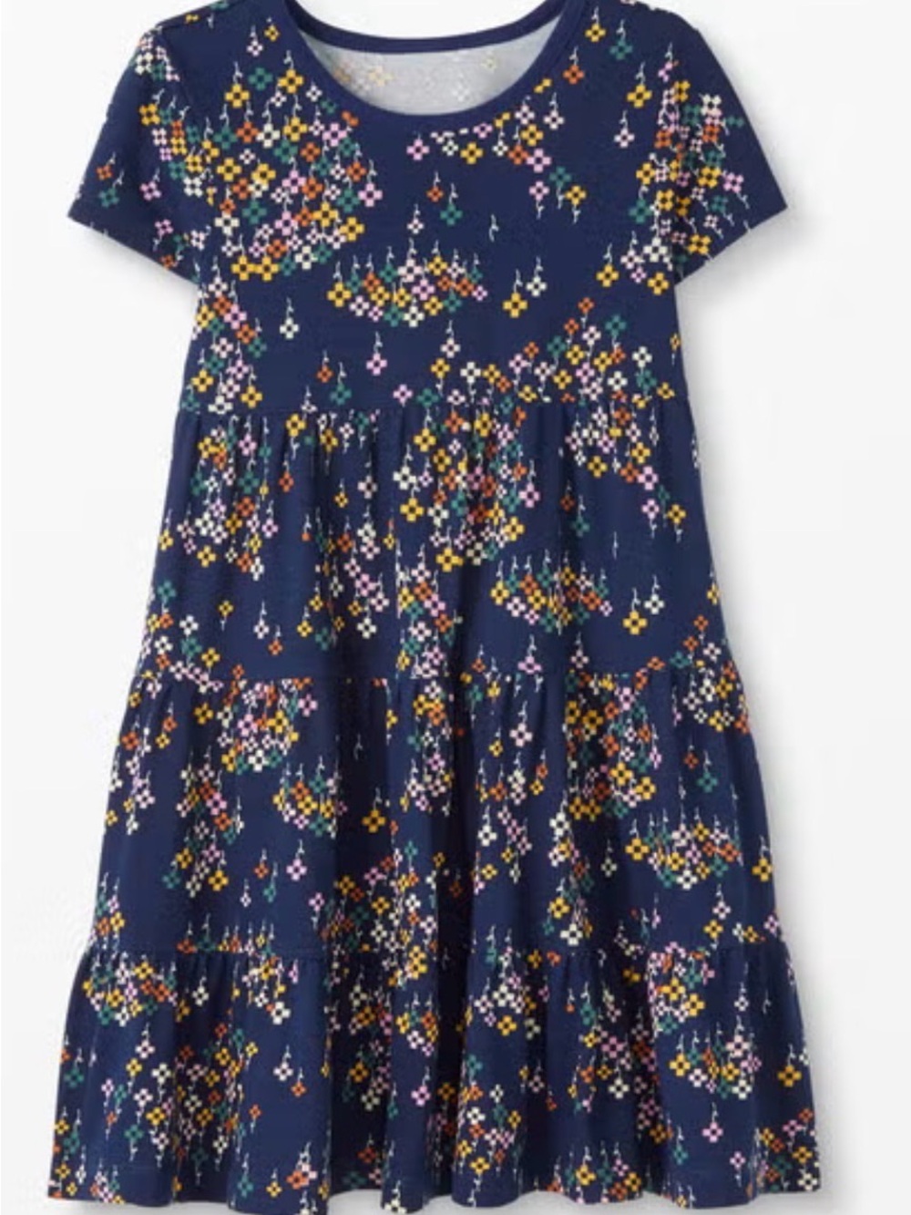 Hanna Andersson Navy Floral Pixel-Print Tiered Dress